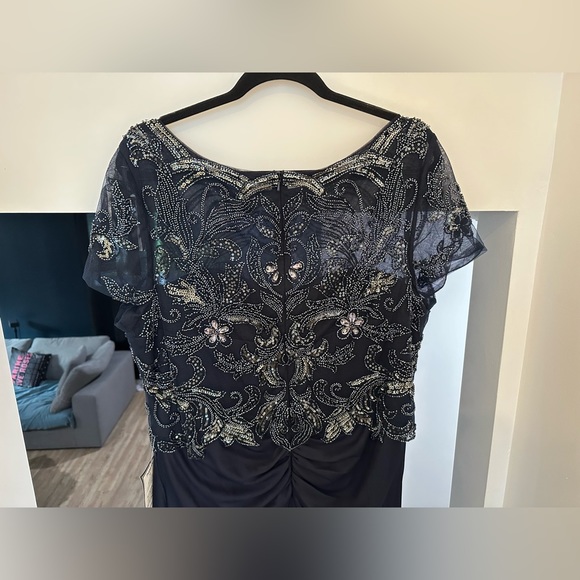 Xscape Dress Navy Blue Illusion Beaded Chiffon Ruched Gown NWT Formal - Picture 8 of 11